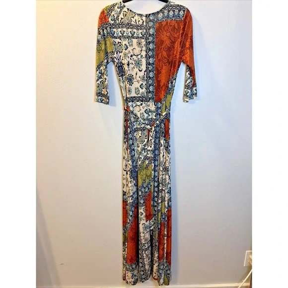Janette Fashion Patchwork Boho Festival Artsy Belted Scoop Neck Maxi Dress M - Picture 2 of 9